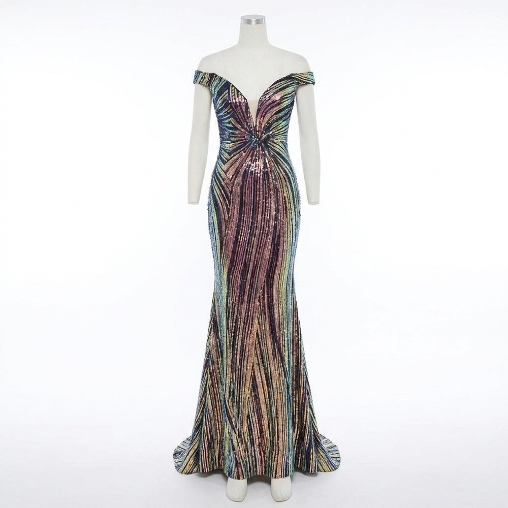 NEW JOVANI off-the-shoulder mermaid dress in black-multi